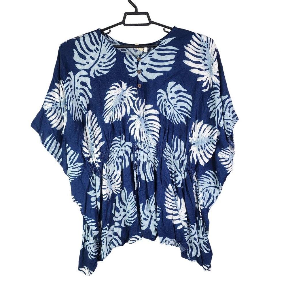 Women's Hawaii Hangover Rayon Blue/White Tropical Leaf Print Tunic Top One Size